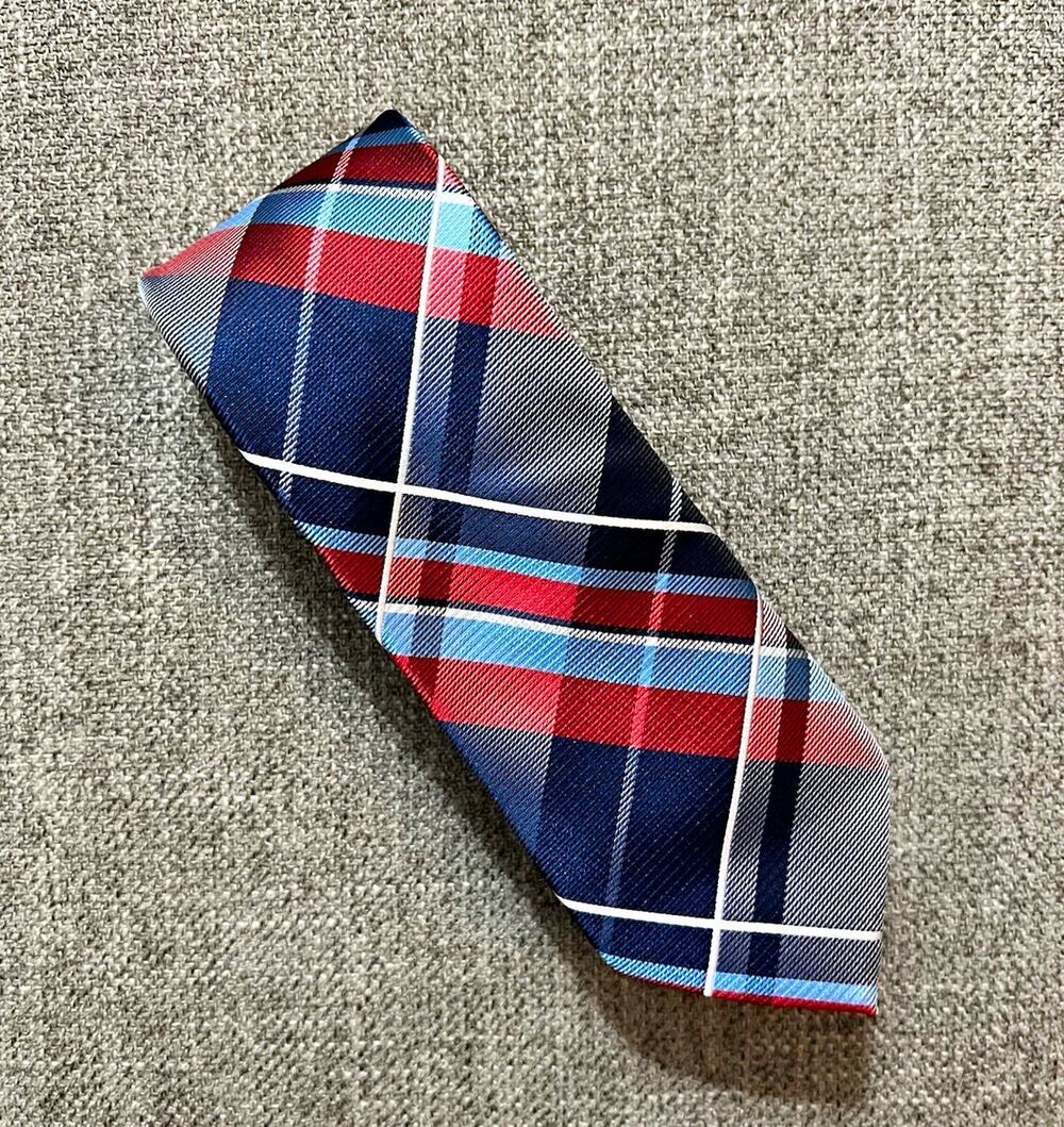 Van Heusen Men's Plaid Tie Blue Red White Gray Woven Polyester Logo